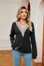 Contrast V-Neck Long Sleeve Blouse - Amexza