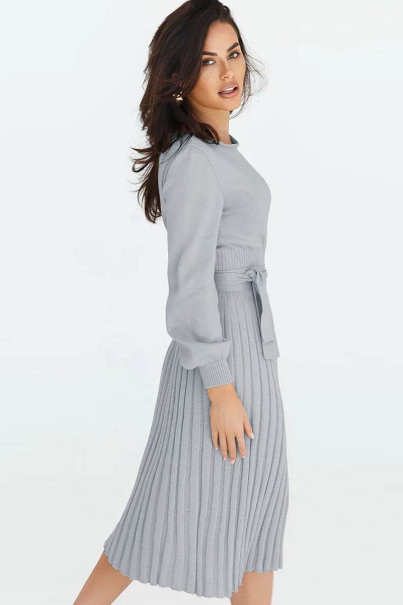 Round Neck Long Sleeve Pleated Sweater Dress for a perfect OOTD – dress to impress outfits from Amexza