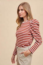 Annie Wear Striped Round Neck Puff Sleeve French Terry Top - Amexza