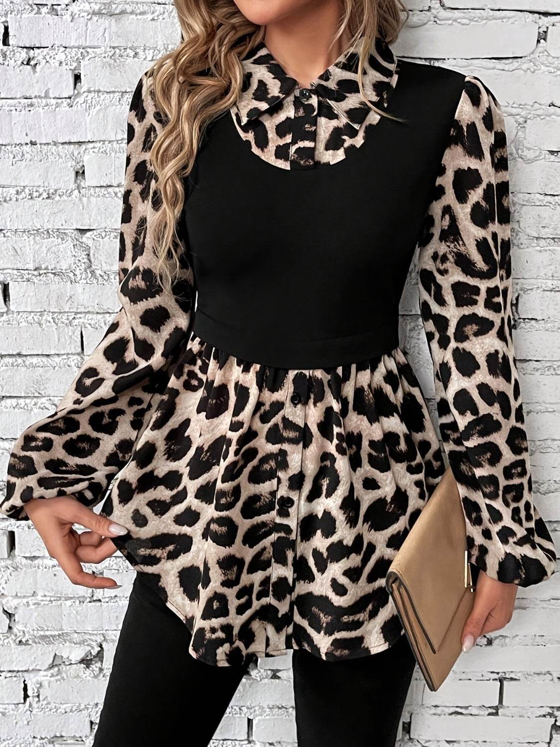 Leopard Collared Neck Balloon Sleeve Blouse - Amexza