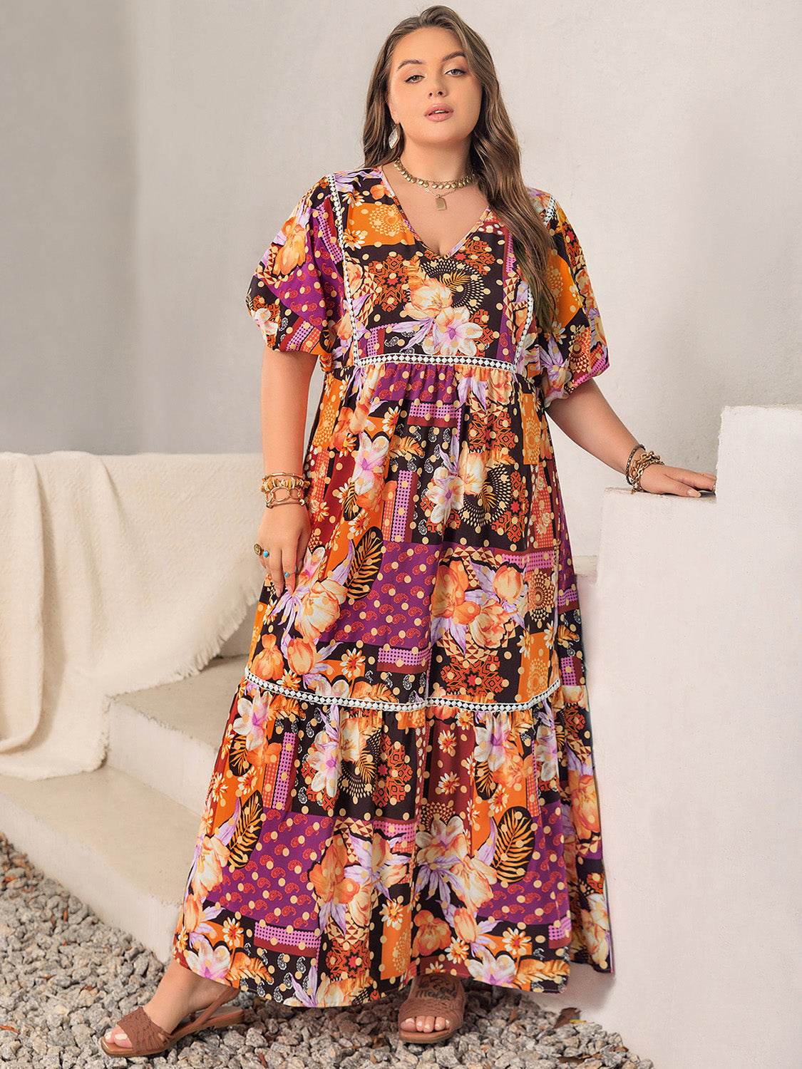 Plus Size Printed V-Neck Half Sleeve Maxi Dress - Amexza