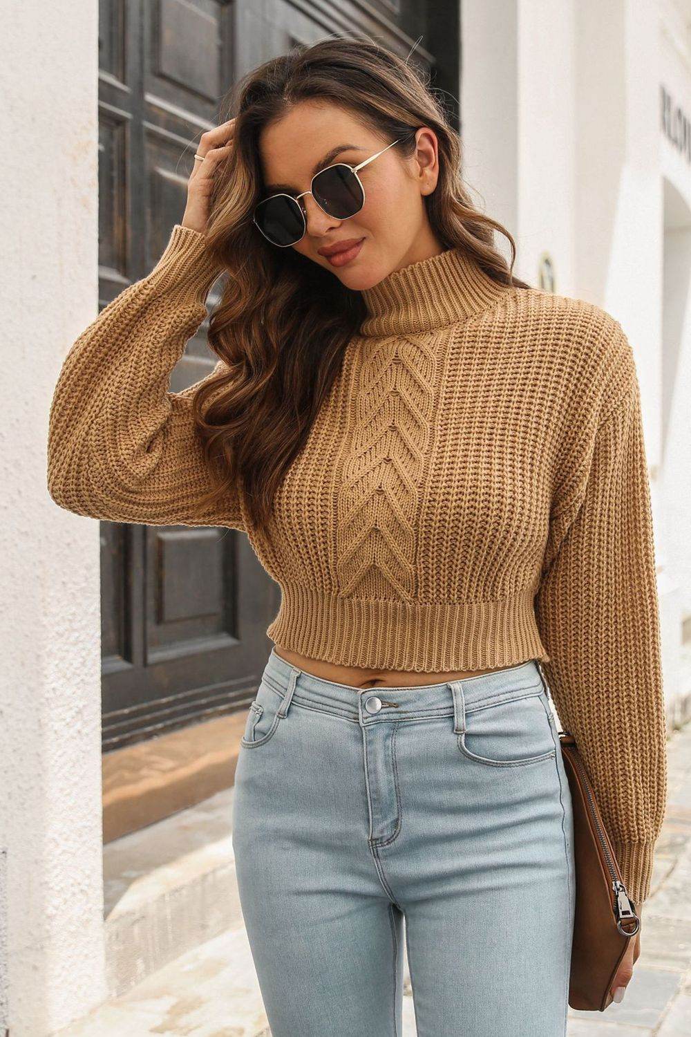 Cropped Mock Neck Cable-Knit Pullover Sweater for a perfect OOTD – dress to impress outfits from Amexza