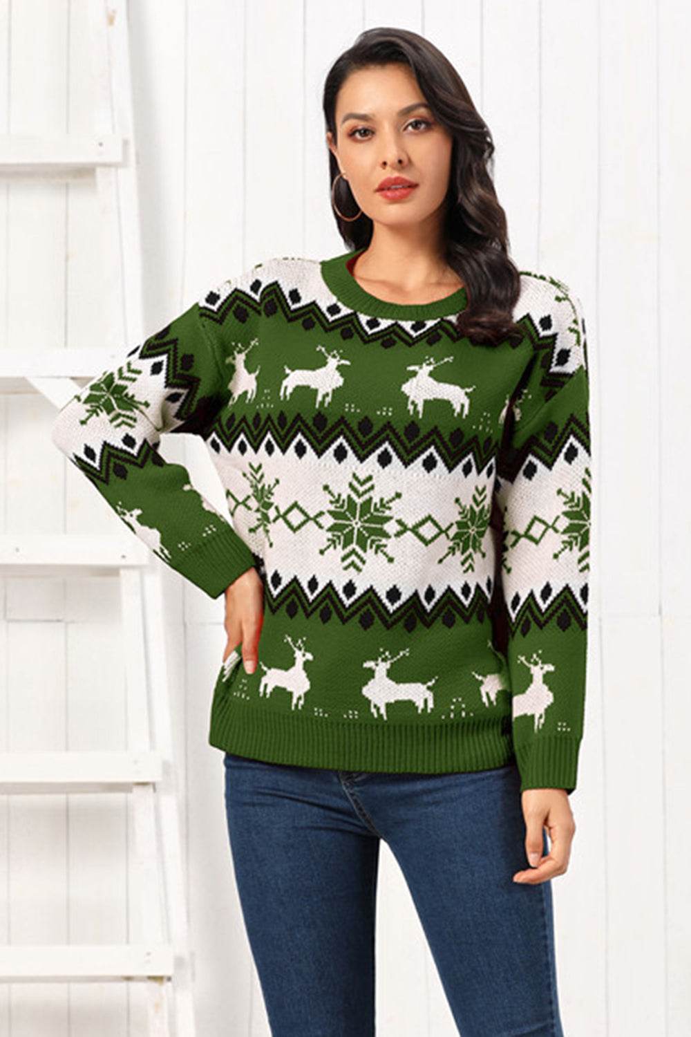 Reindeer Round Neck Sweater for a perfect OOTD – dress to impress outfits from Amexza