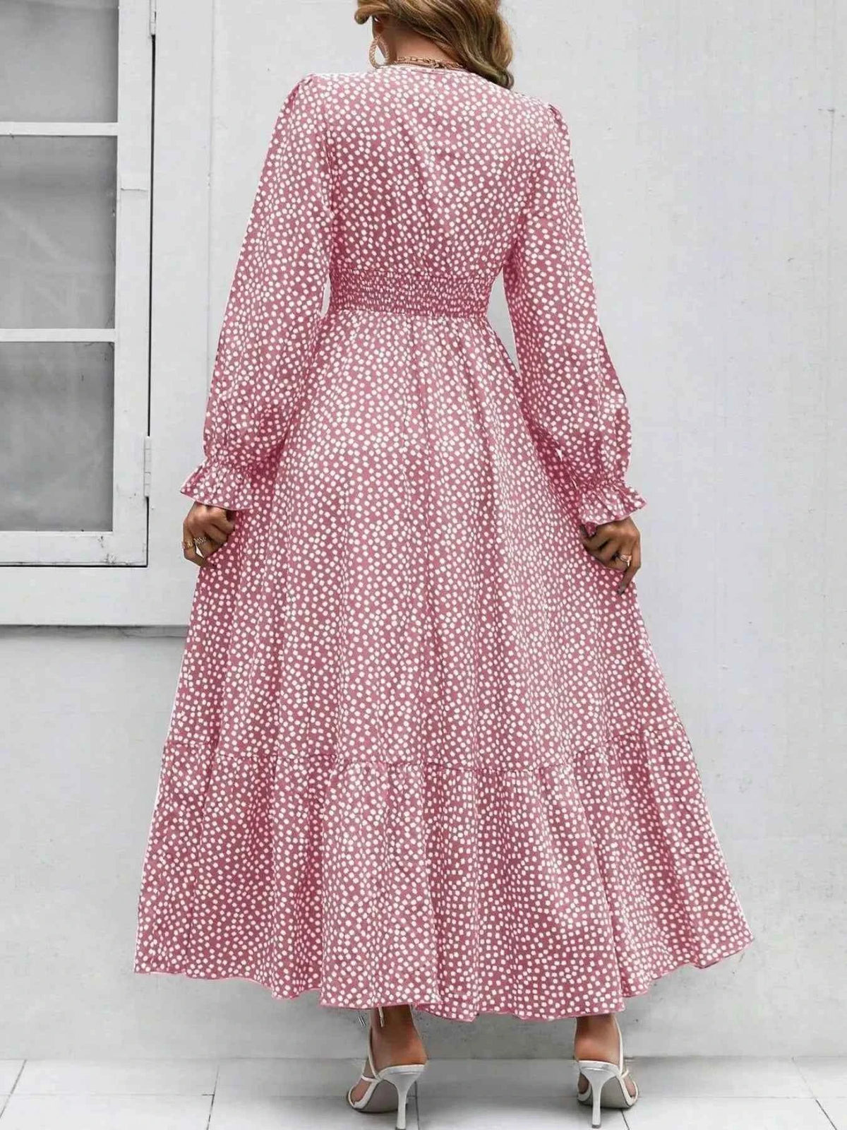 Smocked Waist Polka Dot Long Sleeve Maxi Dress