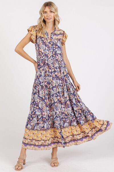 Mittoshop Floral Ruffled Notched Cap Sleeve Maxi Dress Peacock Blue for a perfect OOTD – dress to impress outfits from Amexza