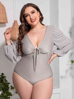 Plus Size Tied Deep V Balloon Sleeve One-Piece Swimsuit Light Gray for a perfect OOTD – dress to impress outfits from Amexza