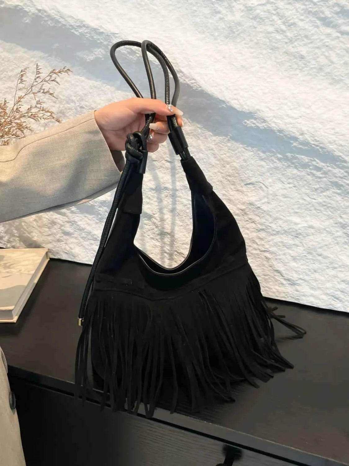 Fringe Knotted Strap Shoulder Bag Black One Size for a perfect OOTD – dress to impress outfits from Amexza