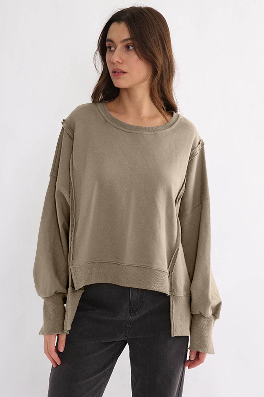 Exposed Seam High-Low Long Sleeve Sweatshirt Khaki One Size for a perfect OOTD – dress to impress outfits from Amexza