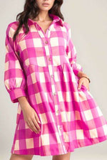 Ruched Plaid Three-Quarter Sleeve Shirt Dress Hot Pink for a perfect OOTD – dress to impress outfits from Amexza
