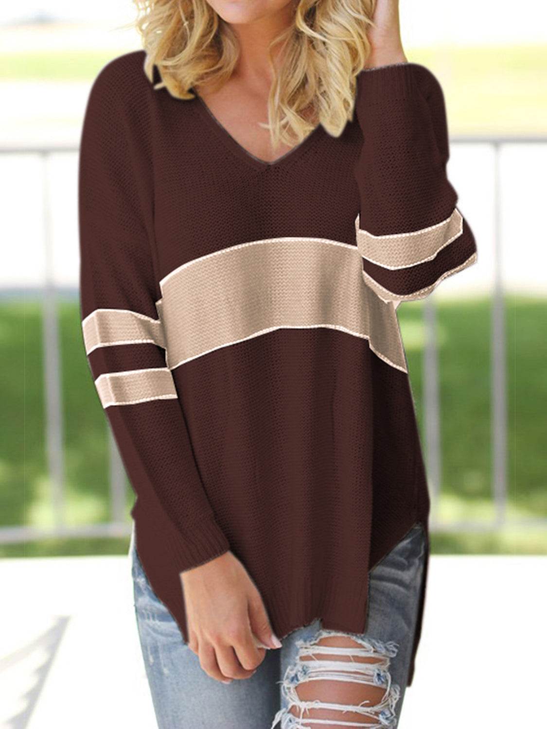 Striped V-Neck Long Sleeve Sweater for a perfect OOTD – dress to impress outfits from Amexza