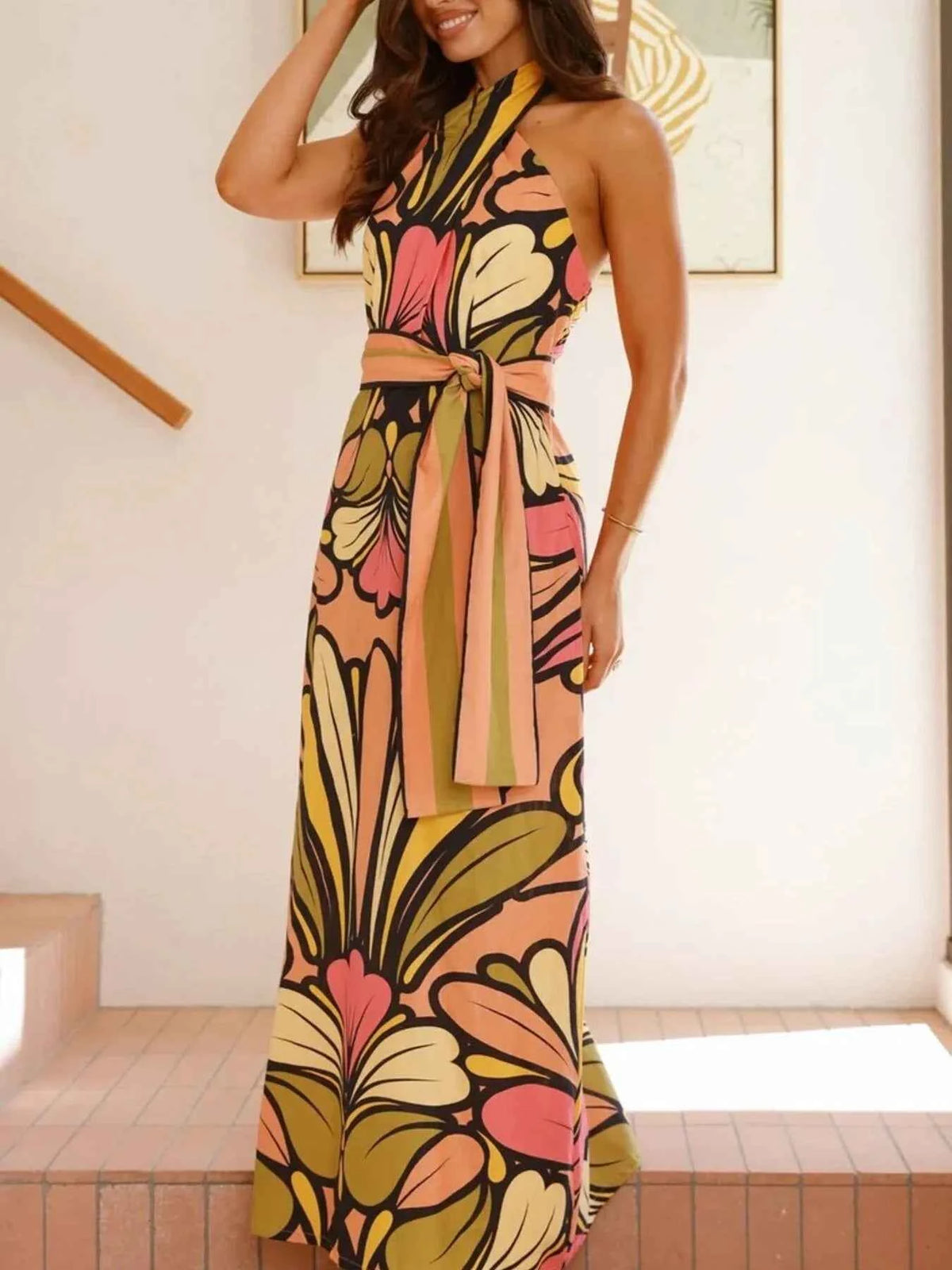 Printed Halter Neck Maxi Cami Dress