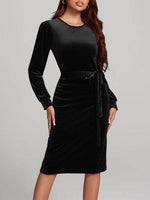 Round Neck Tie Waist Long Sleeve Velvet Dress for a perfect OOTD – dress to impress outfits from Amexza