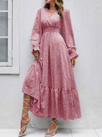 Smocked Waist Polka Dot Long Sleeve Maxi Dress