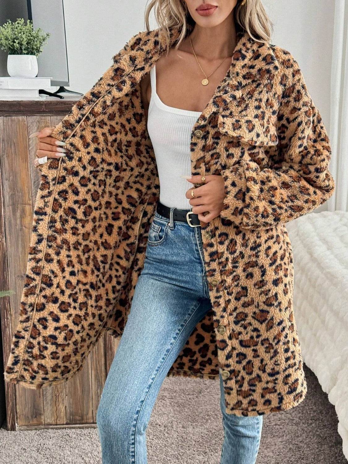 Leopard Button Up Long Sleeve Fuzzy Coat - Amexza