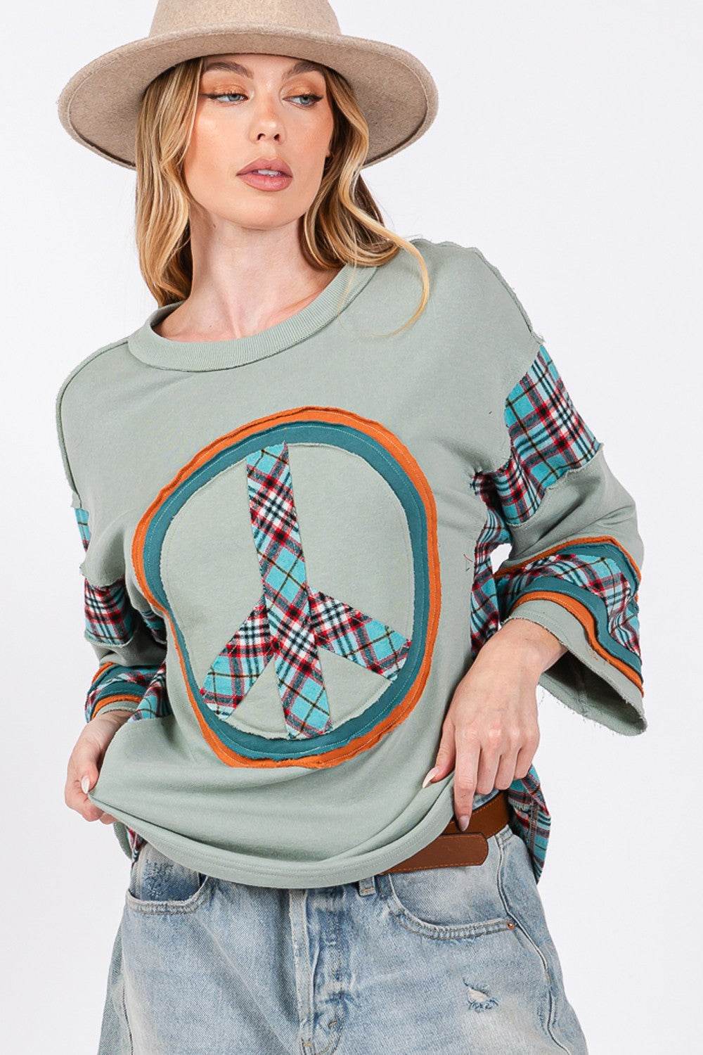 SAGE + FIG Peace Applique Patch Contrast Plaid Top - Amexza