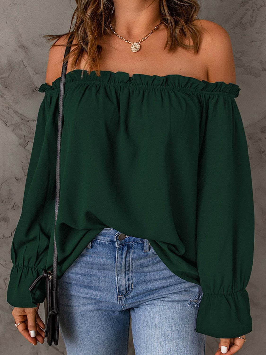 Off-Shoulder Flounce Sleeve Blouse - Amexza