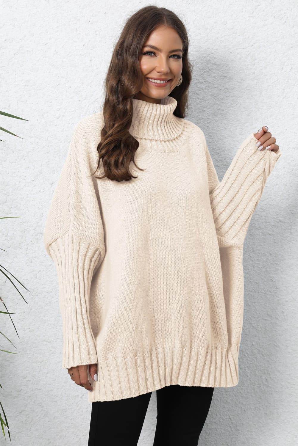 Turtle Neck Long Sleeve Ribbed Sweater Beige One Size for a perfect OOTD – dress to impress outfits from Amexza