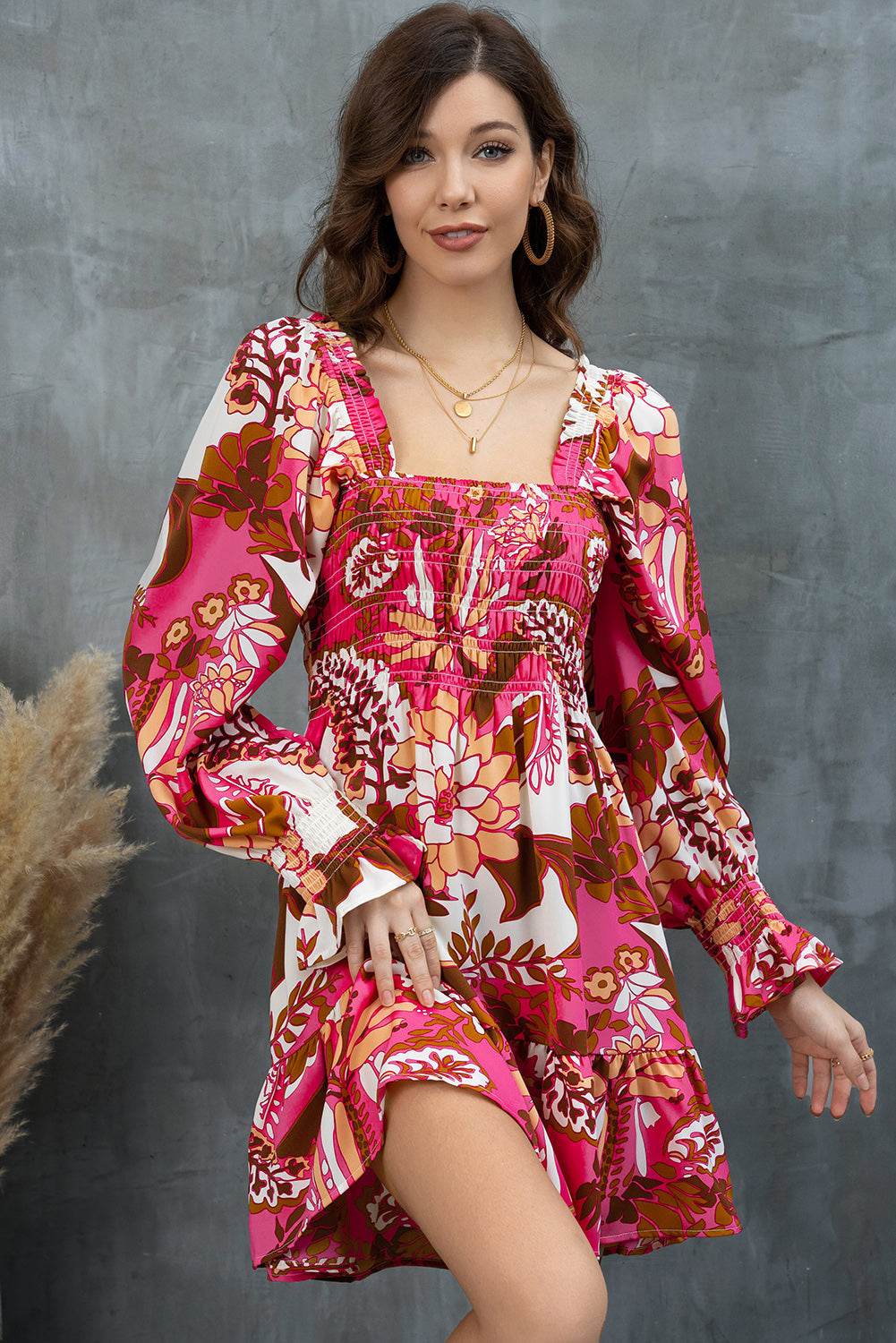 Floral Square Neck Flounce Sleeve Dress - Amexza