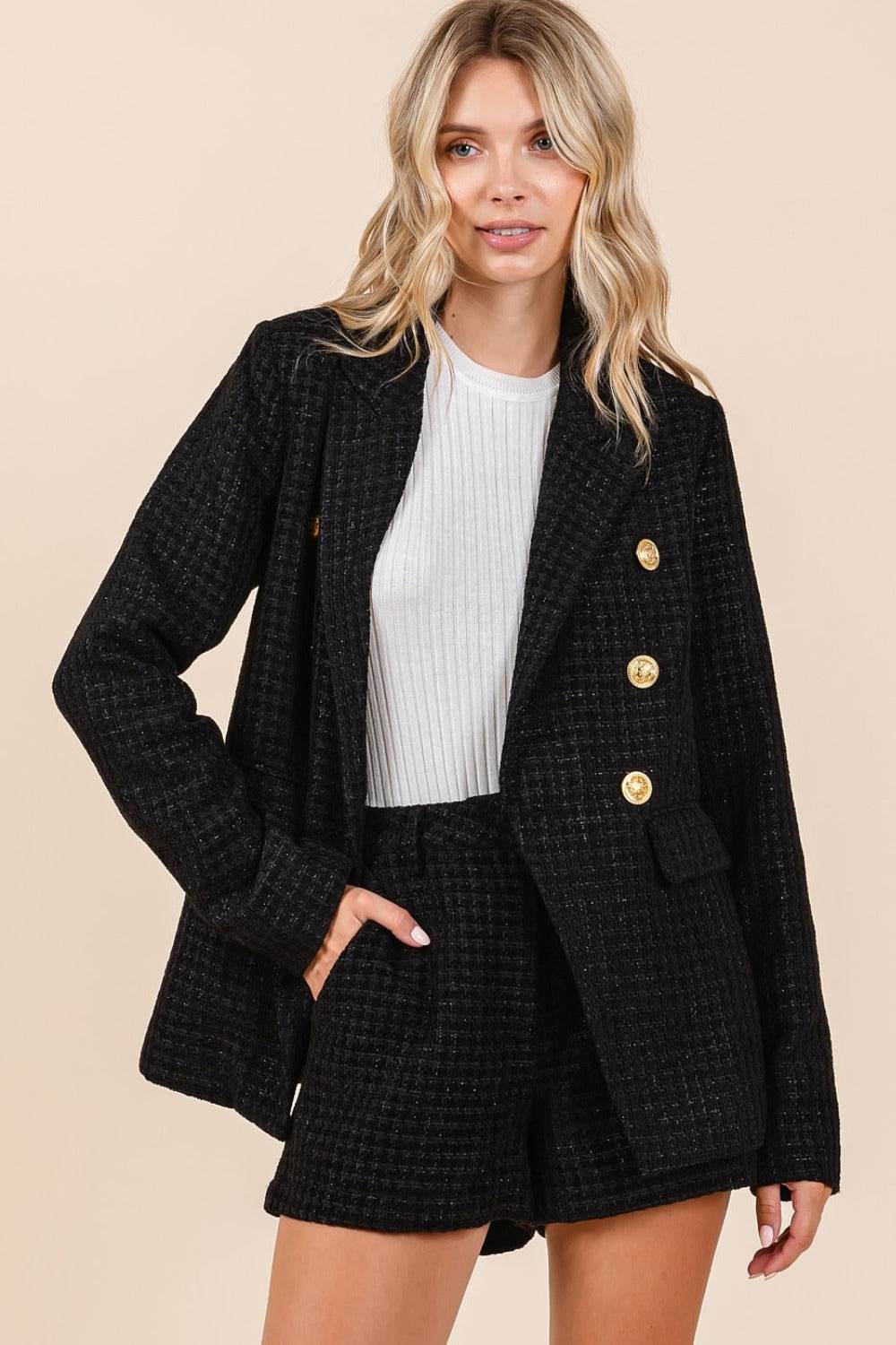 Mittoshop Plaid Texture Double-Breasted Long Sleeve Blazer - Amexza