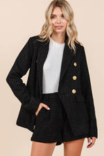 Mittoshop Plaid Texture Double-Breasted Long Sleeve Blazer - Amexza