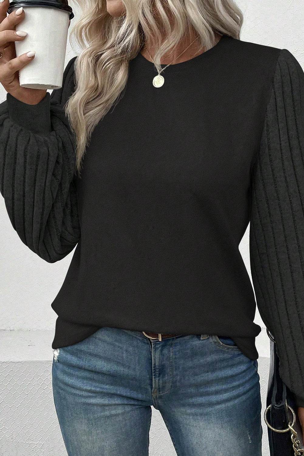 Ribbed Round Neck Long Sleeve Knit Top - Amexza