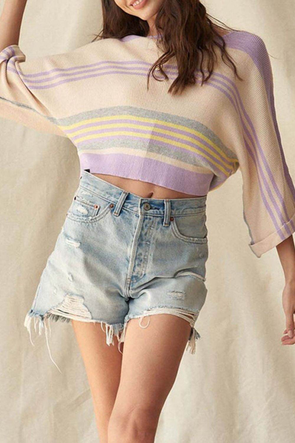 Contrast Striped Round Neck Three-Quarter Sleeve Top - Amexza