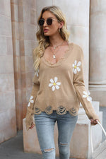 Flower Distressed Long Sleeve Sweater Camel for a perfect OOTD – dress to impress outfits from Amexza