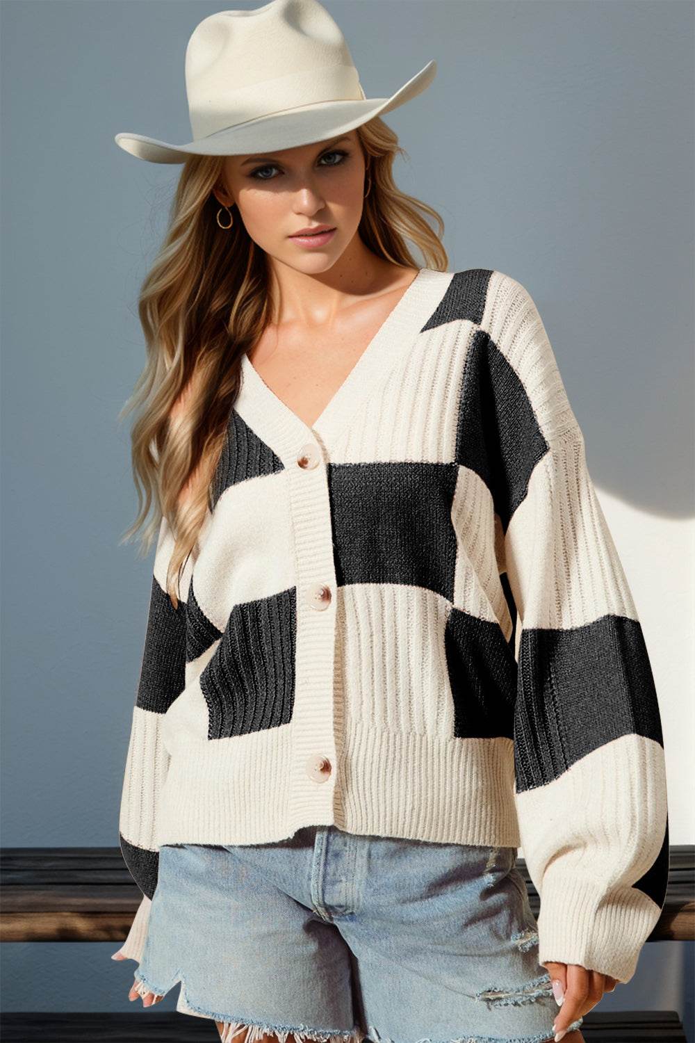 Double Take Full Size Checkered Dropped Shoulder Cardigan Black for a perfect OOTD – dress to impress outfits from Amexza