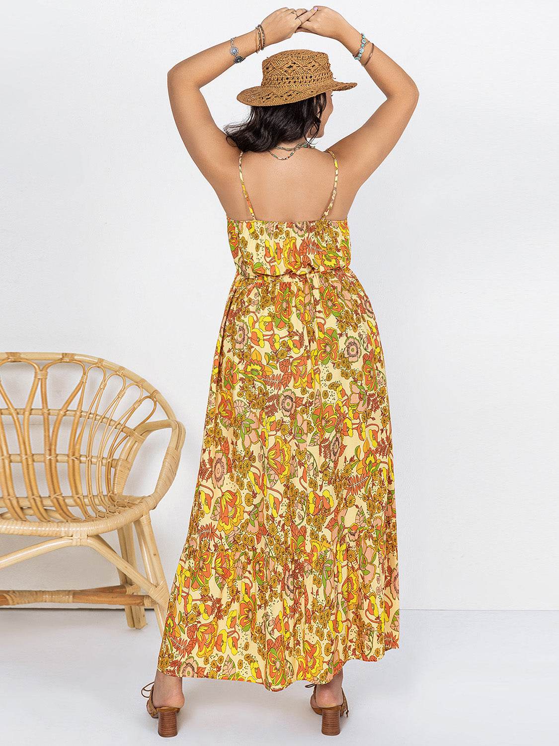 Plus Size Printed V-Neck Maxi Cami Dress - Amexza