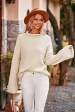 Mock Neck Drop Shoulder Sweater Cream for a perfect OOTD – dress to impress outfits from Amexza