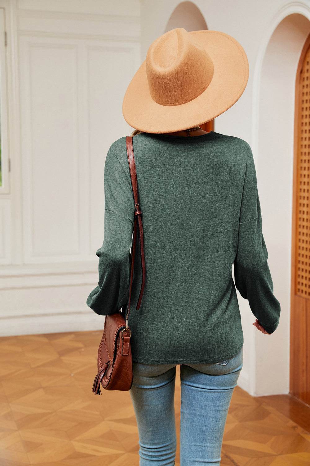 Contrast V-Neck Long Sleeve Blouse - Amexza