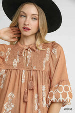 Umgee Boarder Print Tassel Tie Neck Mini Dress