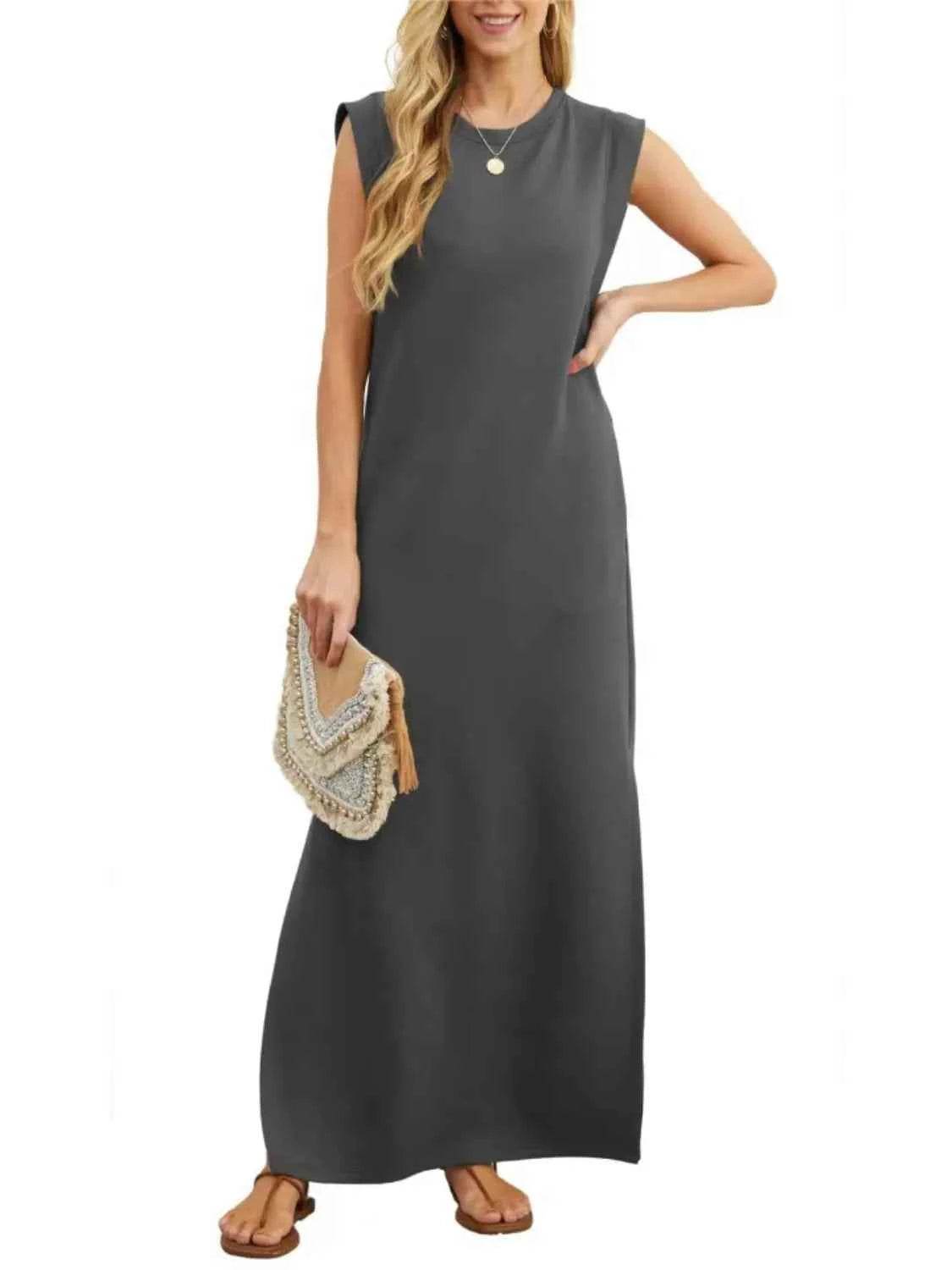 Full Size Slit Round Neck Sleeveless Maxi Tank Dress Plus Size for a perfect OOTD – dress to impress outfits from Amexza