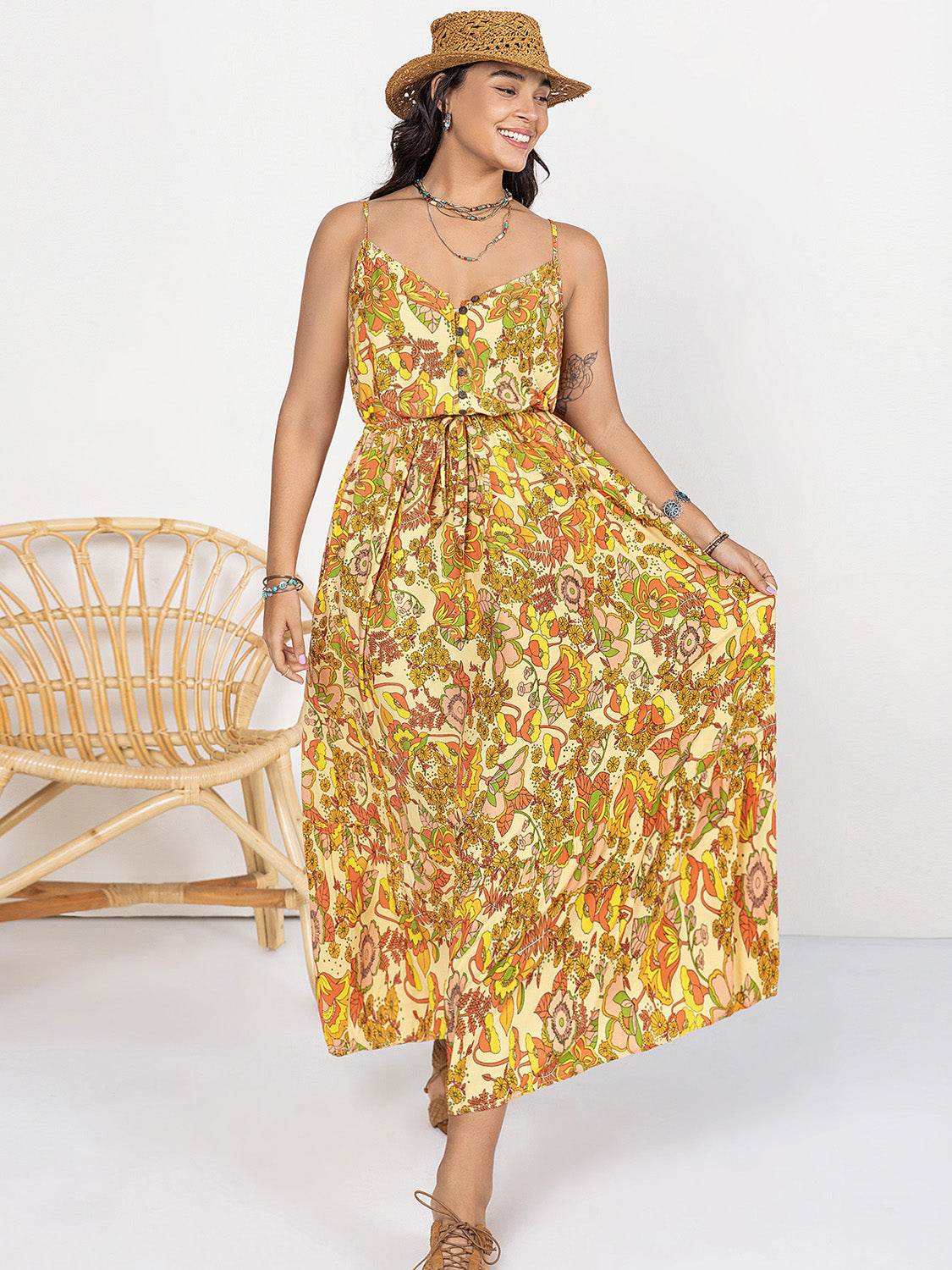 Plus Size Printed V-Neck Maxi Cami Dress - Amexza