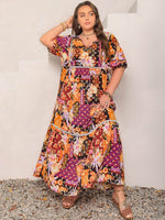 Plus Size Printed V-Neck Half Sleeve Maxi Dress - Amexza