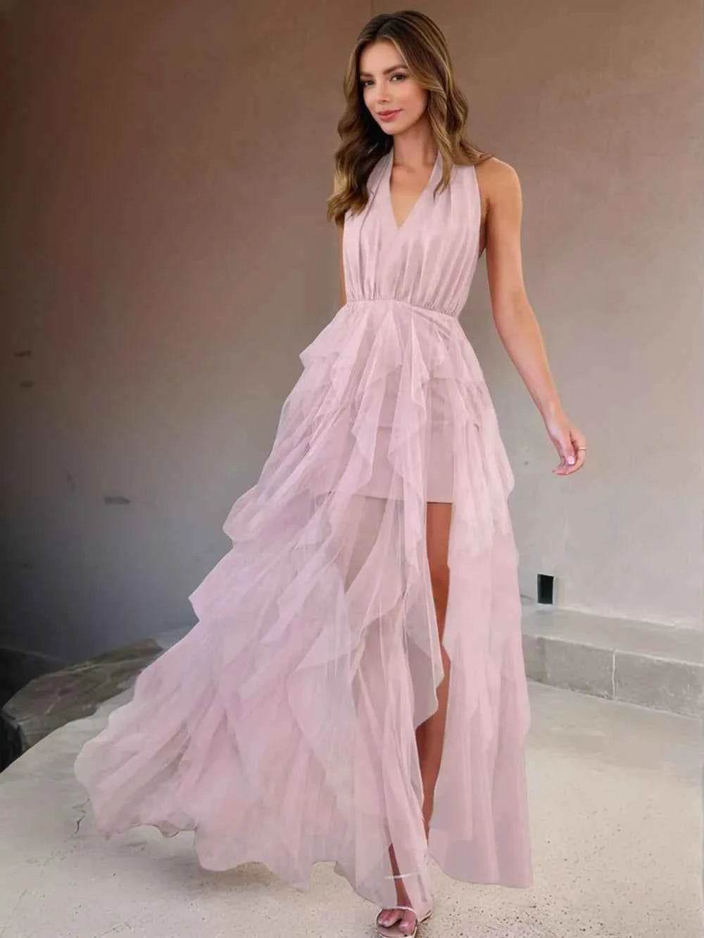 Halter Neck Irregular Mesh Dress Blush Pink for a perfect OOTD – dress to impress outfits from Amexza