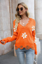 Flower Distressed Long Sleeve Sweater Pumpkin for a perfect OOTD – dress to impress outfits from Amexza