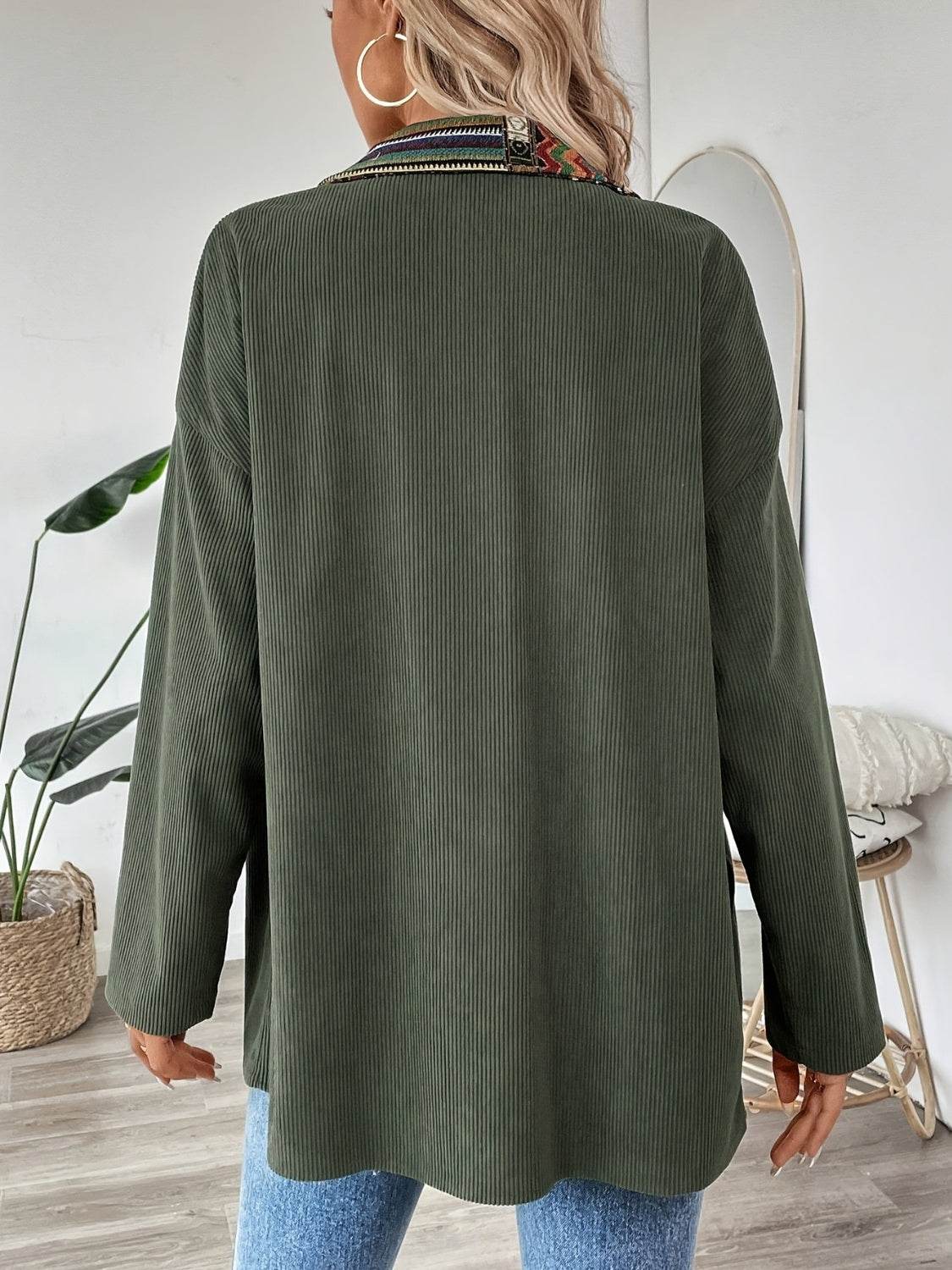 Snap Down Long Sleeve Jacket with Chest Pockets - Amexza