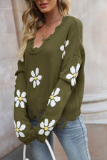 Flower Distressed Long Sleeve Sweater for a perfect OOTD – dress to impress outfits from Amexza