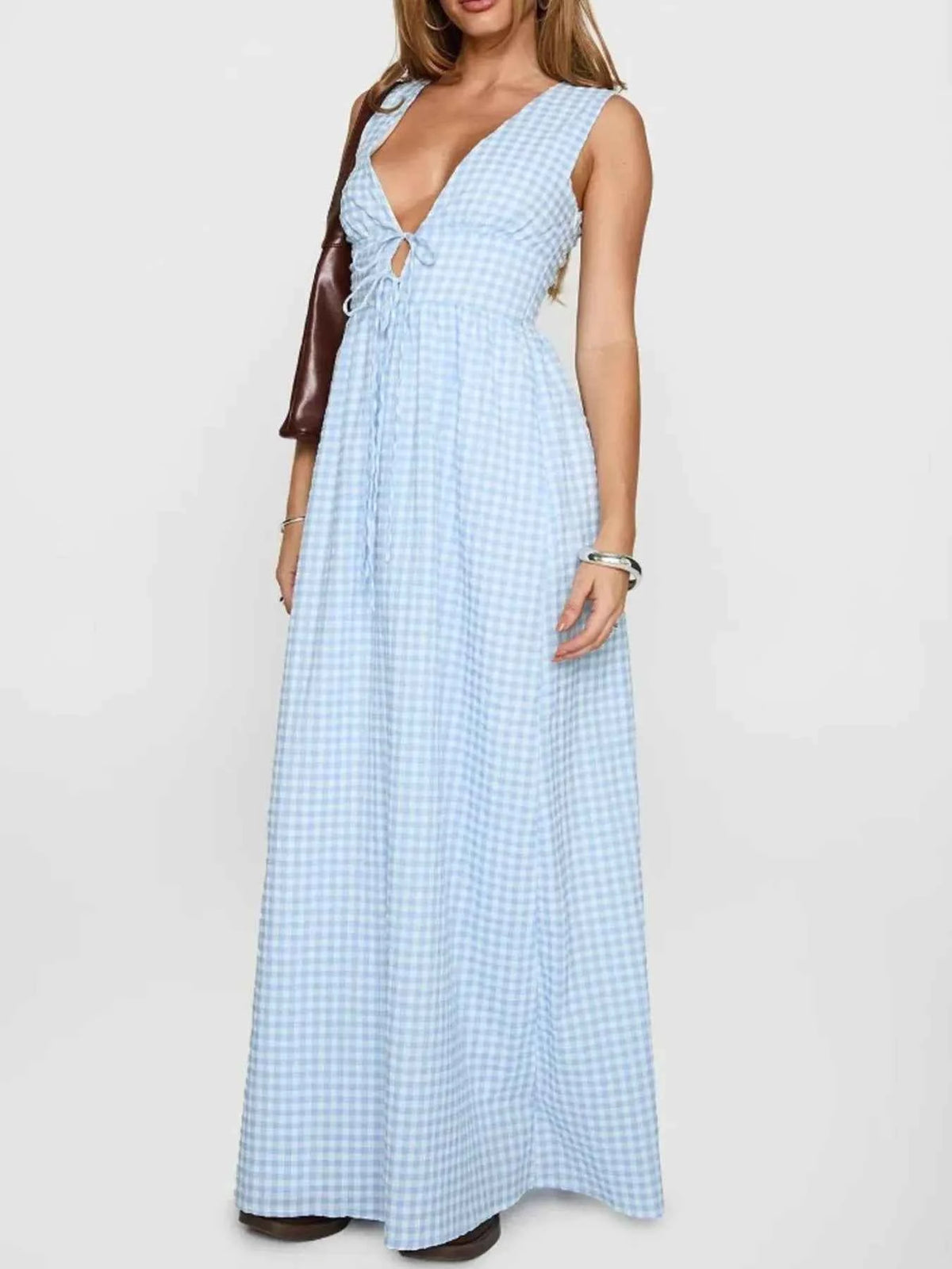 Plaid Tie Front Sleeveless Maxi Dress