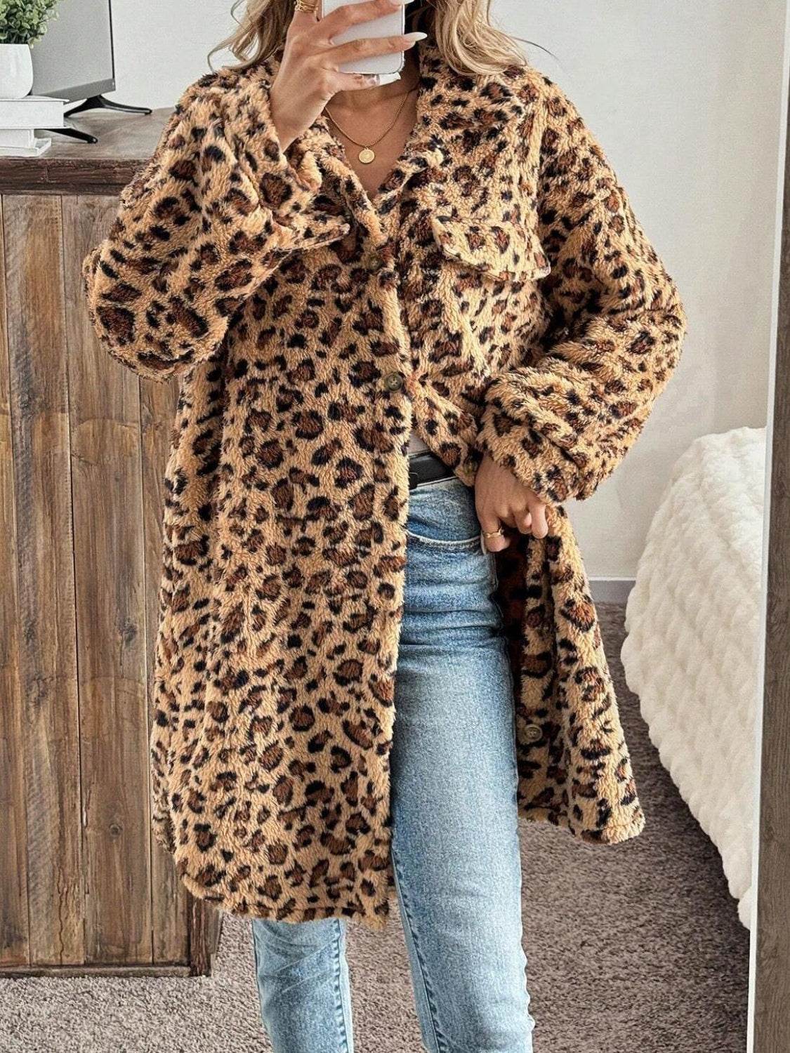 Leopard Button Up Long Sleeve Fuzzy Coat - Amexza