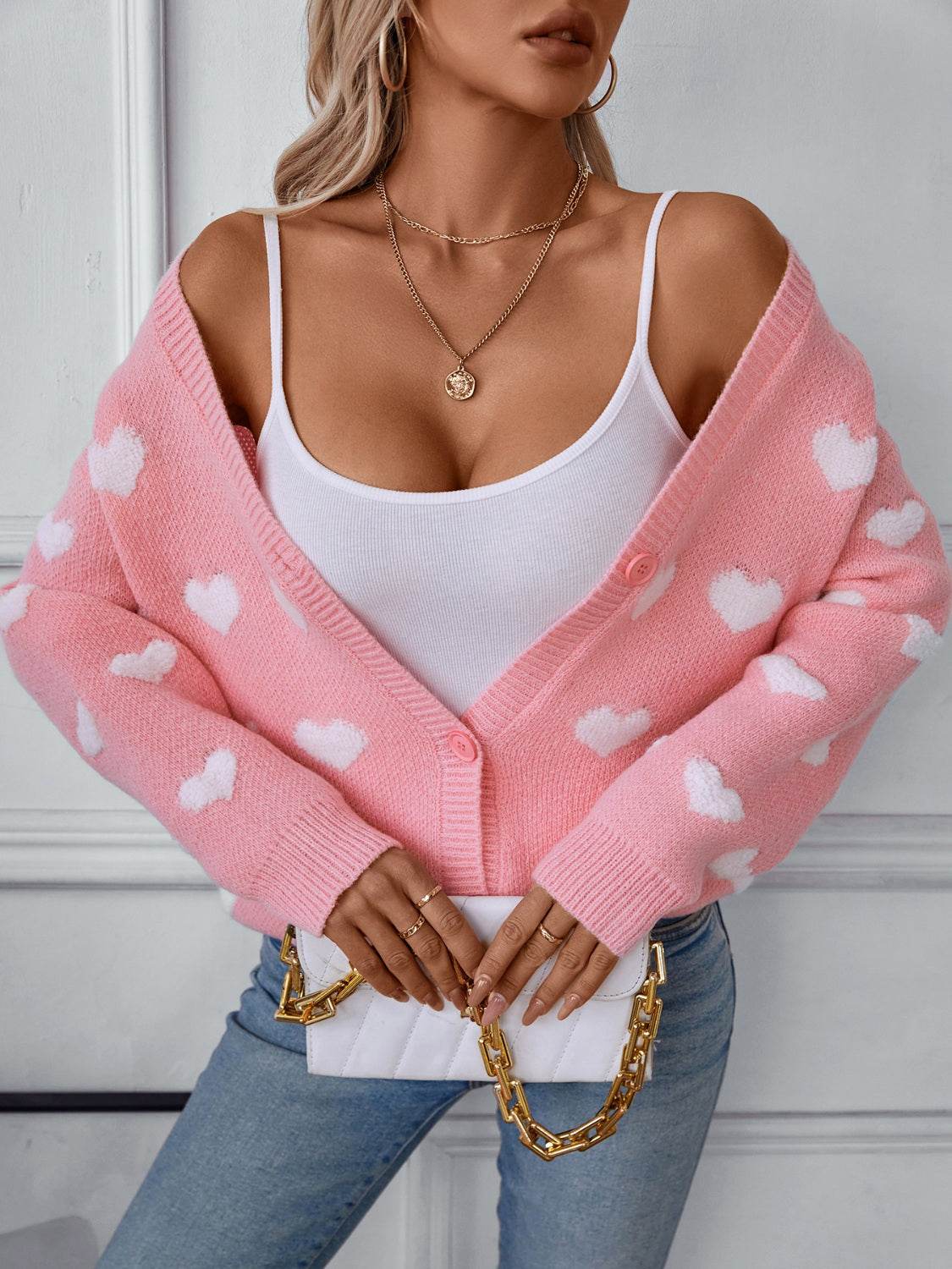 Heart V-Neck Button Up Long Sleeve Cardigan - Amexza