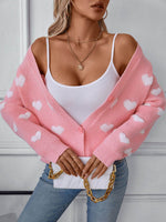 Heart V-Neck Button Up Long Sleeve Cardigan - Amexza