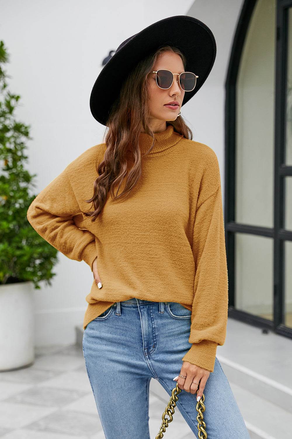 Mock Neck Dropped Shoulder Long Sleeve Sweater for a perfect OOTD – dress to impress outfits from Amexza