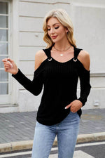 Ribbed Cold Shoulder Long Sleeve Top - Amexza