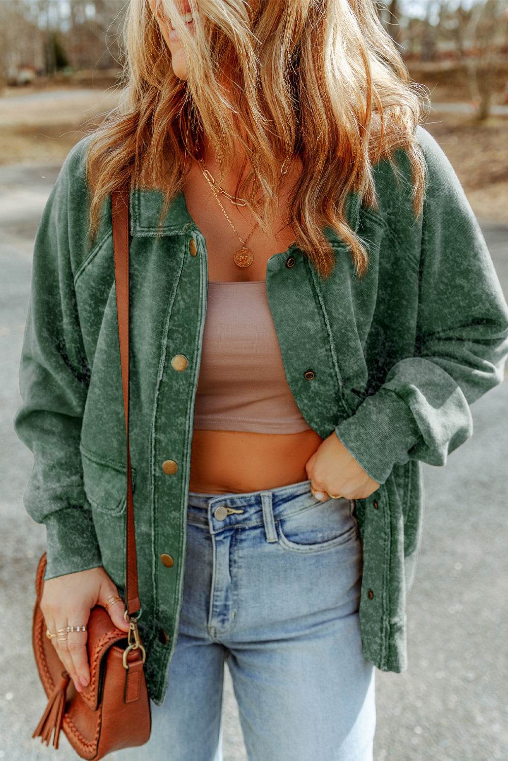 Snap Down Flap Pocket Long Sleeve Shacket - Amexza