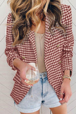 Houndstooth Collared Neck Double-Breasted Blazer - Amexza