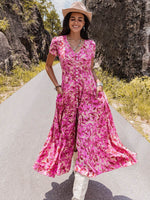 Floral V-Neck Slit Dress - Amexza