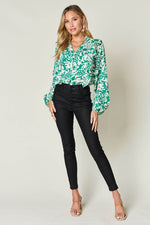 Double Take Full Size Printed Ruffle Trim Balloon Sleeve Shirt - Amexza