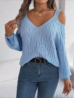 Cable-Knit Cold Shoulder Long Sleeve Sweater for a perfect OOTD – dress to impress outfits from Amexza